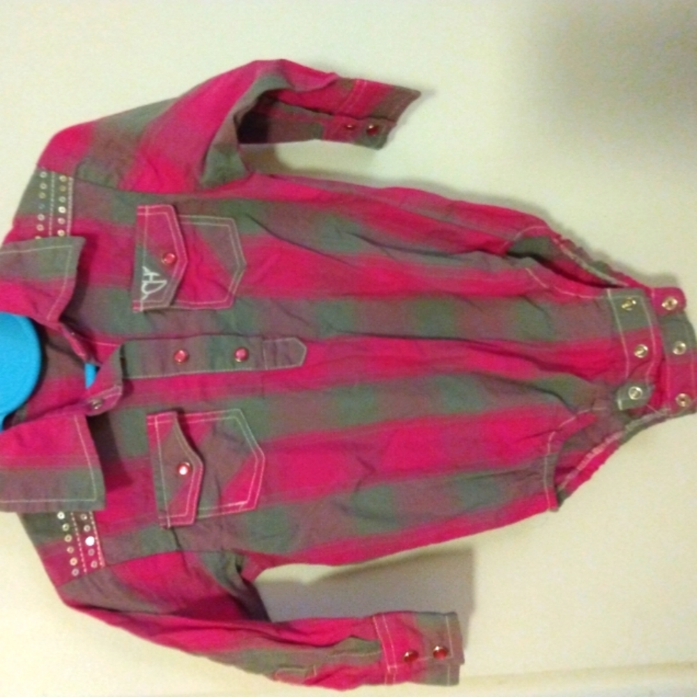 Cowgirl Hardware 18m infant Girl pink/gray plaid western onesie